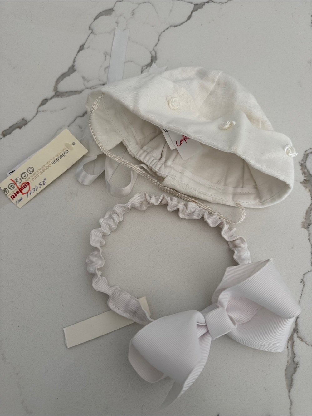 White Linen Hat & White Baby Headband with Bow - Kids Accessories